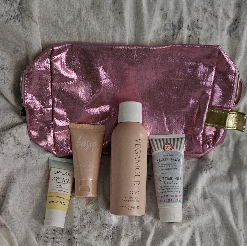 Pink Metallic Cosmetic Bag with Skincare Products/ Beauty Bundle